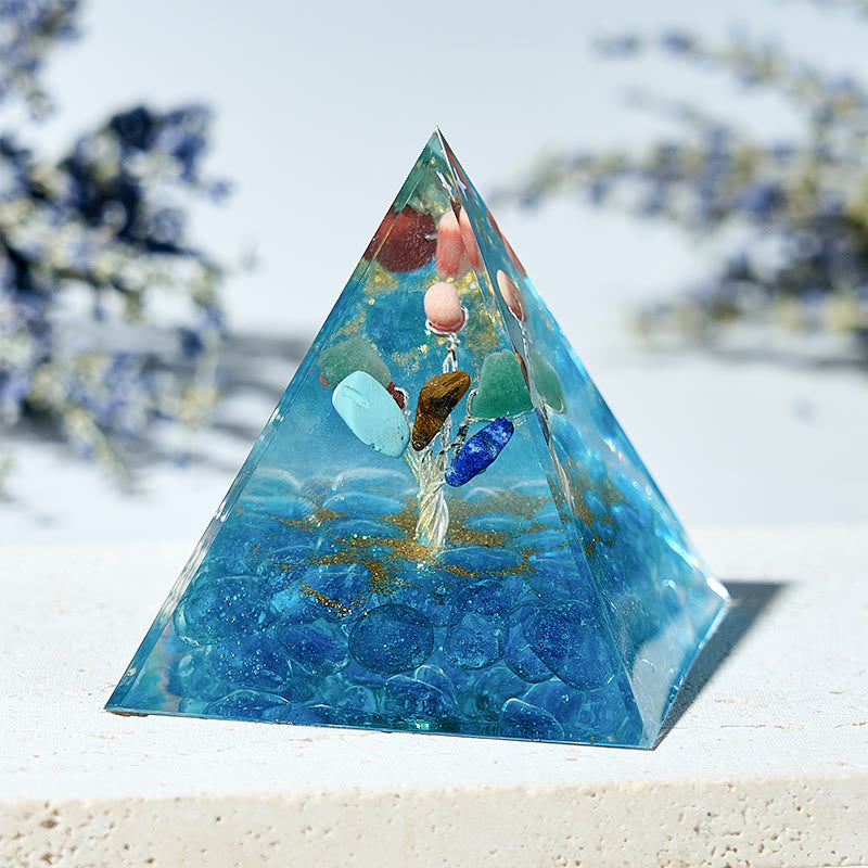 Ougin Tree of Life Aquamarine Chakra Energy Orgone Pyramid - Healing Crystal for EMF Protection