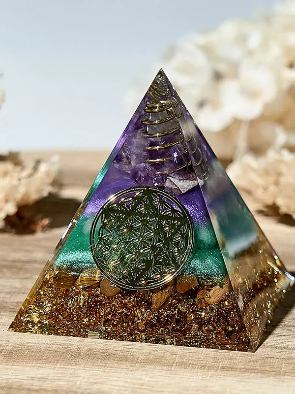 Crystaluck Handmade Flower of Life Gemstone Orgone Pyramid