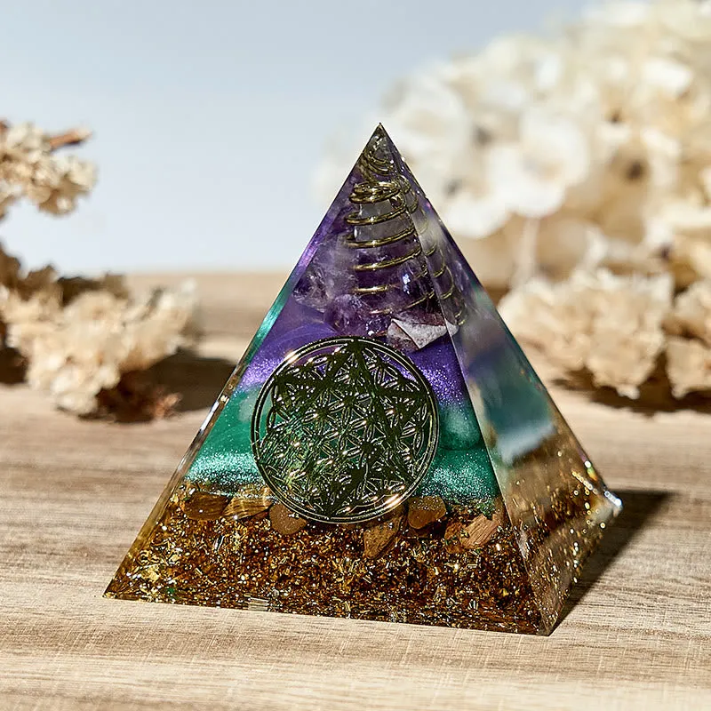 Crystaluck Handmade Flower of Life Gemstone Orgone Pyramid