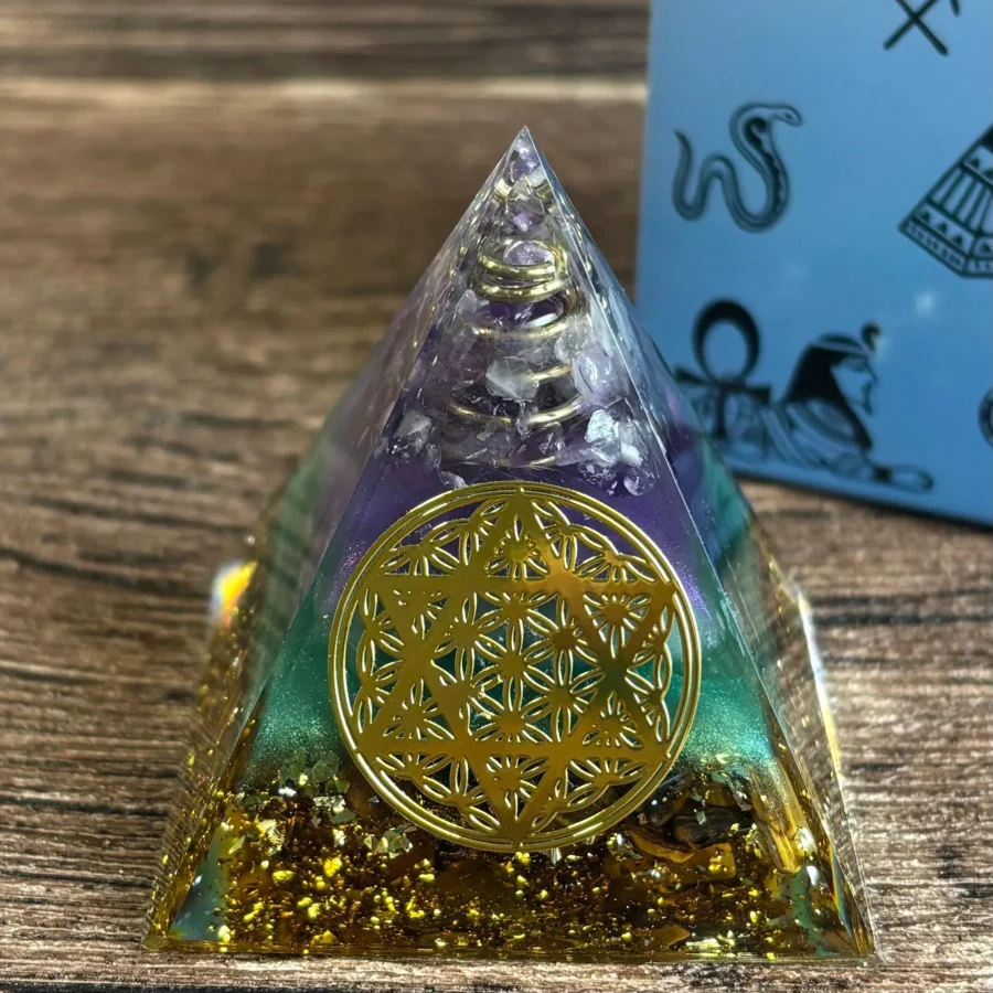 Crystaluck Handmade Flower of Life Gemstone Orgone Pyramid