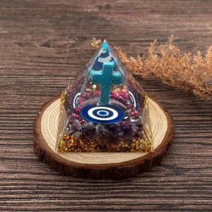 Crystaluck Orgone Pyramid Evil Eye with Turquoise Cross 2.5"