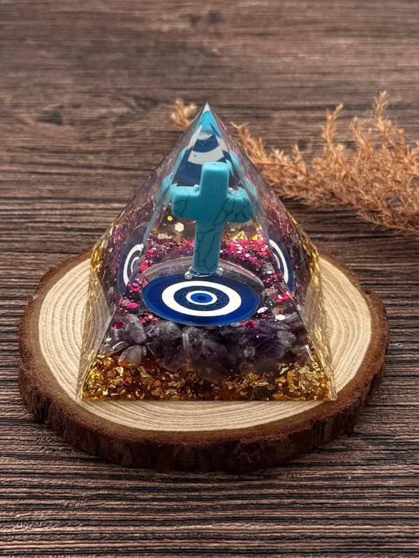 Crystaluck Orgone Pyramid Evil Eye with Turquoise Cross 2.5"