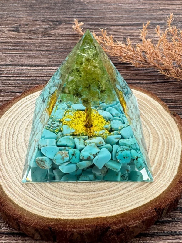 Crystaluck Orgone Pyramid Tree of Life Peridot with turquoise Handmade Orgonite