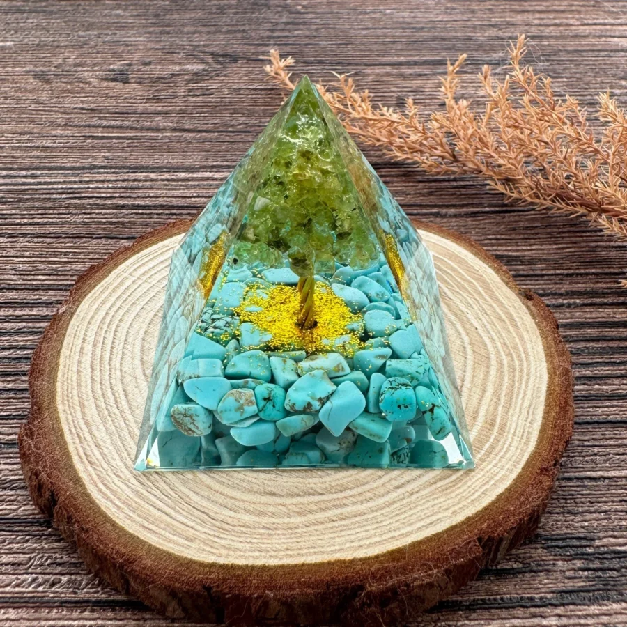 Crystaluck Orgone Pyramid Tree of Life Peridot with turquoise Handmade Orgonite