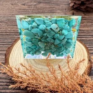 Crystaluck Orgone Pyramid Tree of Life Peridot with turquoise Handmade Orgonite