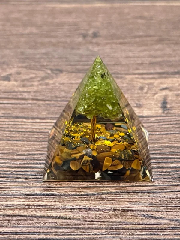 Crystaluck Tree of Life Orgonite Pyramid Energy Generator with Peridot and Tiger Eye