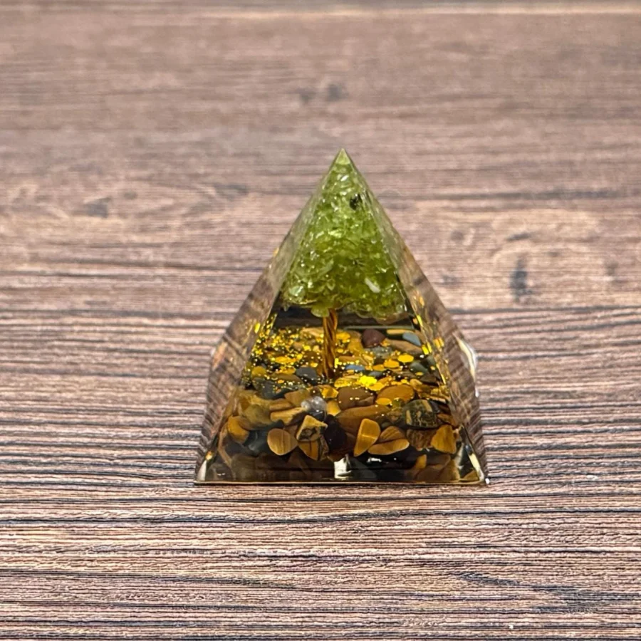 Crystaluck Tree of Life Orgonite Pyramid Energy Generator with Peridot and Tiger Eye