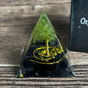 Crystaluck Tree of Life Orgonite Pyramid Energy Generator with Obsidian and Peridot
