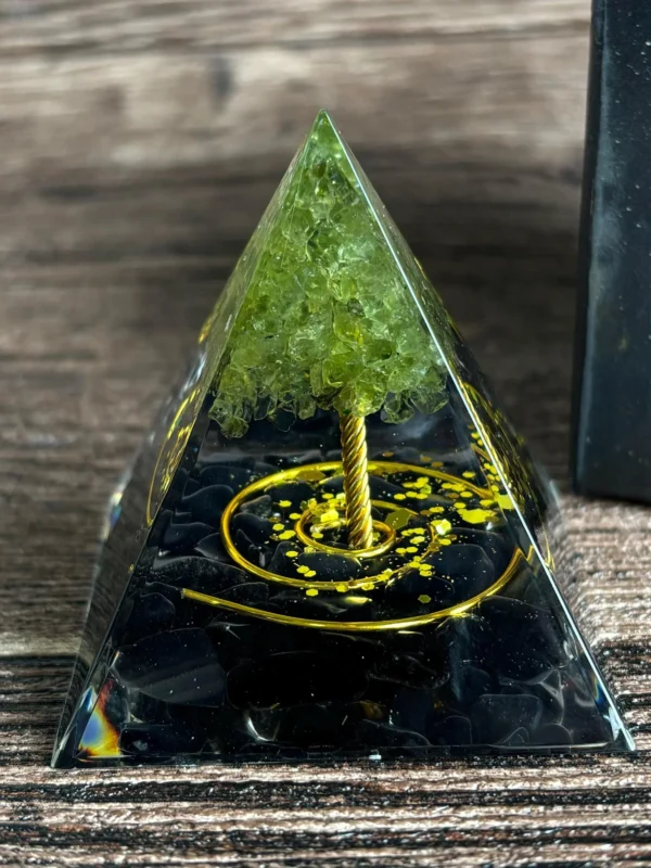 Crystaluck Tree of Life Orgonite Pyramid Energy Generator with Obsidian and Peridot