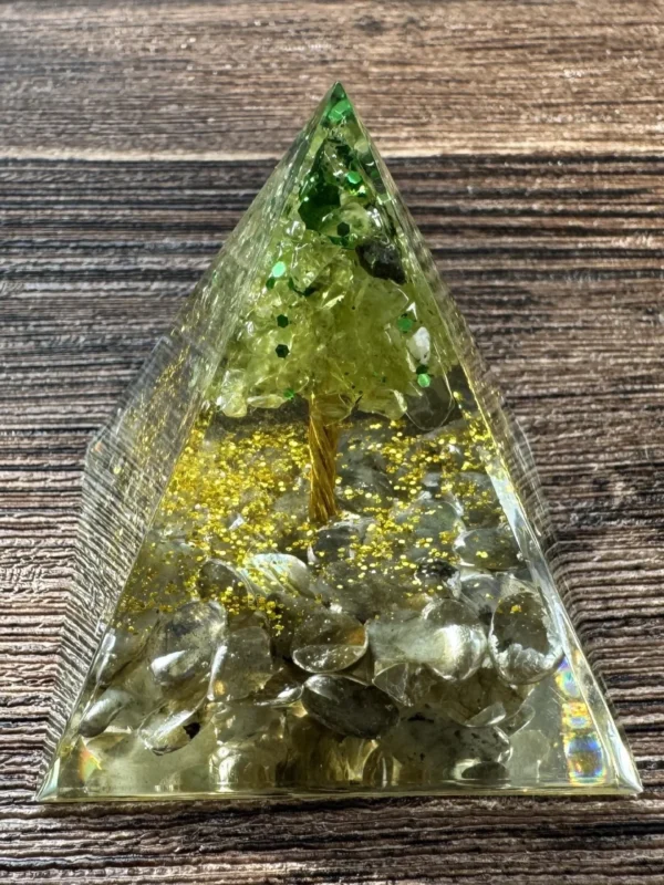 Crystaluck Tree of Life Orgonite Pyramid with Peridot
