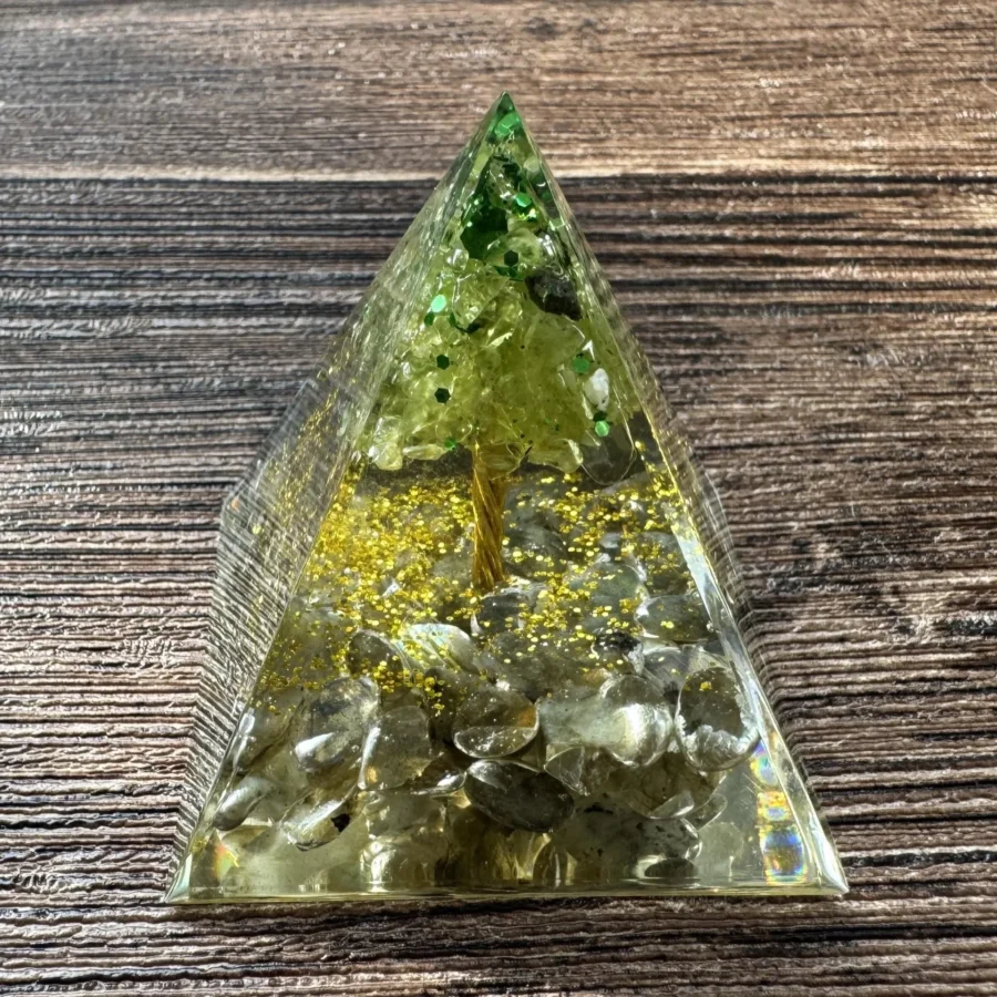 Crystaluck Tree of Life Orgonite Pyramid with Peridot