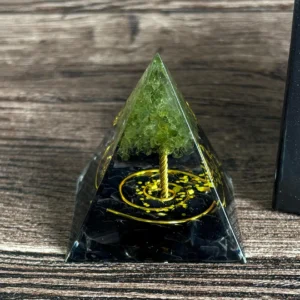 Crystaluck Tree of Life Orgonite Pyramid Energy Generator with Obsidian and Peridot
