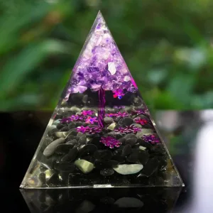 Crystaluck Amethyst Obsidian Tree Of Life Orgone Pyramid 5x5cm for energy balancing, meditation and home decor