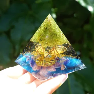 Crystaluck Peridot Amethyst With Black Tourmaline Orgone Pyramid 5x5cm for energy balancing, meditation and home decor