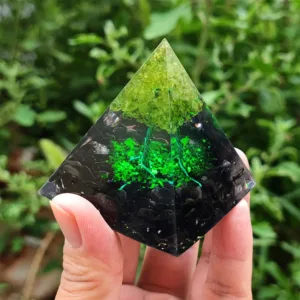 Crystaluck Obsidian with Peridot Lucky Orgone Pyramid 5x5cm for energy balancing, meditation and home decor