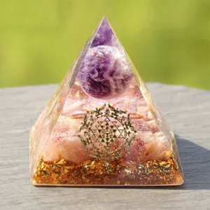Crystaluck Amethyst Strawberry Quartz Orgone Pyramid for energy balancing, meditation and home decor