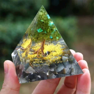 Crystaluck Tree of Life Peridot With Grey Moon Stone Orgone Pyramid for energy balancing, meditation and home decor