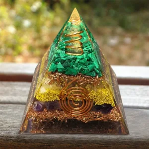 Crystaluck Malachite Citrine With Amethyst Orgone Pyramid 5x5cm for energy balancing, meditation and home decor