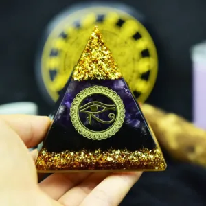 Crystaluck Amethyst Obsidian Eye Of Horus Symbol Orgone Pyramid 5x5cm for energy balancing, meditation and home decor