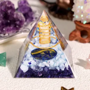 Crystaluck Clear Crystal Aquamarine Eye Of Horus Orgone Pyramid 5x5cm for energy balancing, meditation and home decor