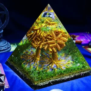 Crystaluck Fluorite Peridot Gold Copper Wire Tree Orgone Pyramid for energy balancing, meditation and home decor