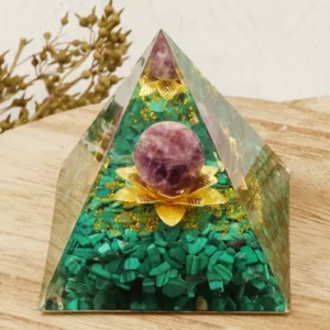 Crystaluck Amethyst Malachite Lotus Symbol Orgone Pyramid 5x5cm for energy balancing, meditation and home decor