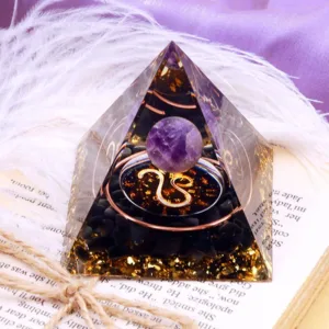 Crystaluck Amethyst Sphere With Obsidian Zodiac Leo Orgone Pyramid 5x5cm for energy balancing, meditation and home decor