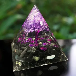 Crystaluck Amethyst Obsidian Tree Of Life Orgone Pyramid for energy balancing, meditation and home decor