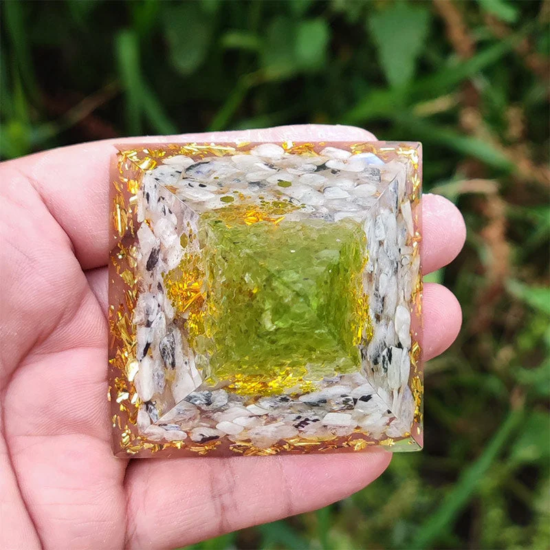 Orgone 851a1e61abd2 Crystaluck Moonstone with Peridot Tree Of Life Orgone Pyramid 8x8cm for energy balancing, meditation and home decor