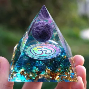 Crystaluck Blue Quartz With Amethyst Ball OM Orgone Pyramid for energy balancing, meditation and home decor