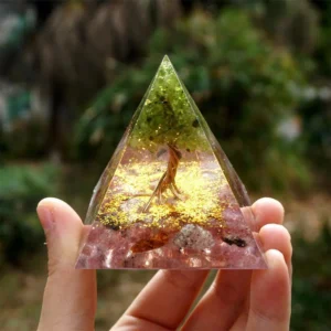Crystaluck Tree of Life Peridot and Strawberry Quartz Orgone Pyramid for energy balancing, meditation and home decor