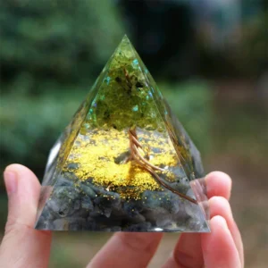Crystaluck Tree of Life Peridot With Grey Moon Stone Orgone Pyramid 5x5cm for energy balancing, meditation and home decor