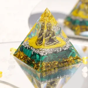 Crystaluck Malachite With Buddha Protection Orgone Pyramid 5x5cm for energy balancing, meditation and home decor