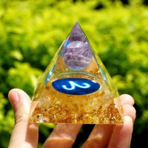 Crystaluck Amethyst with Golden Rutilated Aries Zodiac Orgone Pyramid for energy balancing, meditation and home decor
