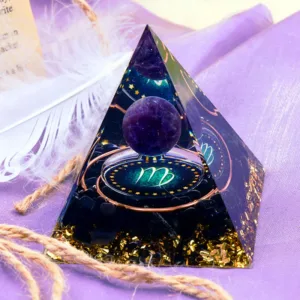 Crystaluck Amethyst Sphere with Obsidian Zodiac Virgo Orgone Pyramid for energy balancing, meditation and home decor
