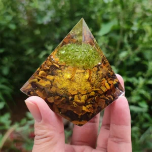 Crystaluck Tiger Eye with Peridot Tree Of Life Orgone Pyramid 6x6cm for energy balancing, meditation and home decor
