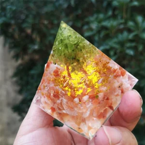 Crystaluck Sun Stone Peridot Tree Of Life Orgone Pyramid 5x5cm for energy balancing, meditation and home decor