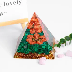 Crystaluck Copper Tree of Life Malachite Orgone Pyramid for energy balancing, meditation and home decor