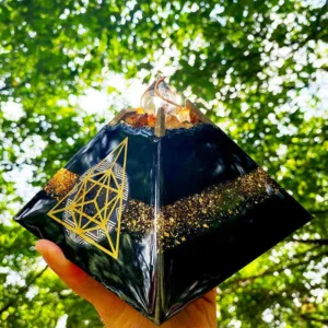 Crystaluck 14cm Obsidian Crystal Energy Spire Orgone Pyramid for energy balancing, meditation and home decor