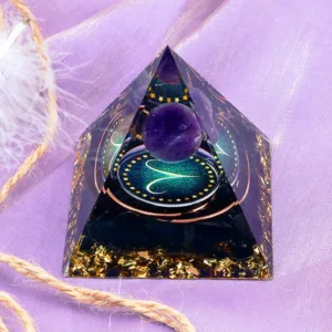 Crystaluck Amethyst Sphere With Obsidian Zodiac Aries Orgone Pyramid 5x5cm for energy balancing, meditation and home decor