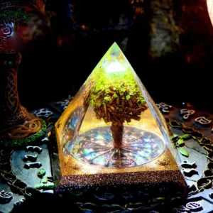 Crystaluck Tree Of Life Peridot Orgone Pyramid for energy balancing, meditation and home decor