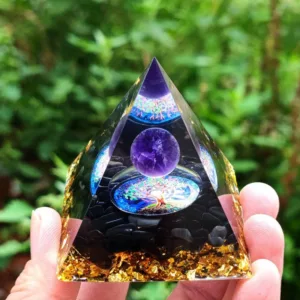 Crystaluck Amethyst Crystal Sphere with Obsidian Natural Crystal Orgone Pyramid for energy balancing, meditation and home
