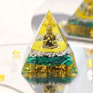 Crystaluck Malachite With Buddha Protection Orgone Pyramid for energy balancing, meditation and home decor